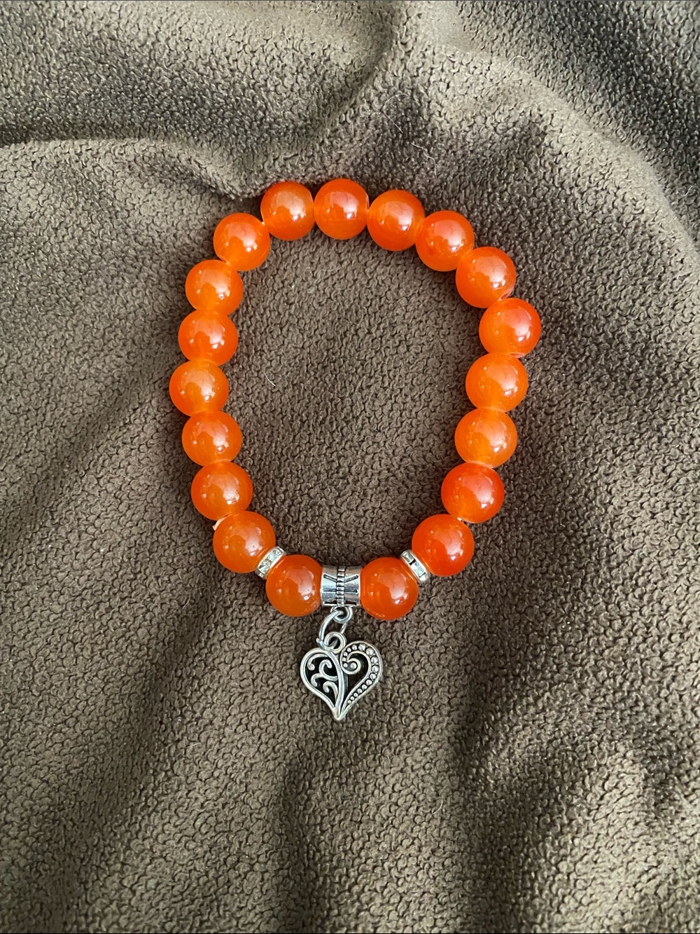 Burnt Orange Beaded Stretch Bracelet Silver Tone Heart Charm Boho